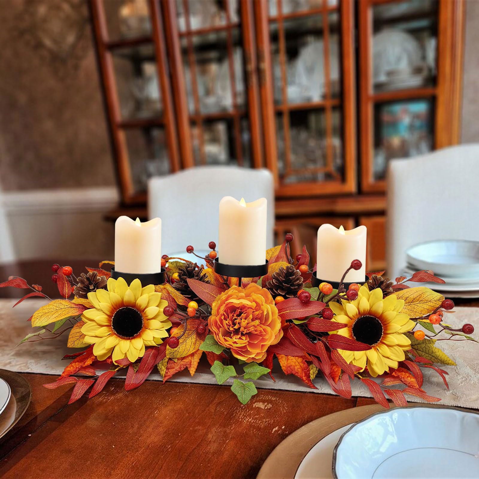 Fall Centerpiece Table Decorations, 27.5'' L Assorted Artificial Pumpkins, Pine Cones, Berries, and Autumn Leaves Harvest Table Candle Holder for Dinning Table, Fireplace Mantel (Candle Not Included) - DigiVirt