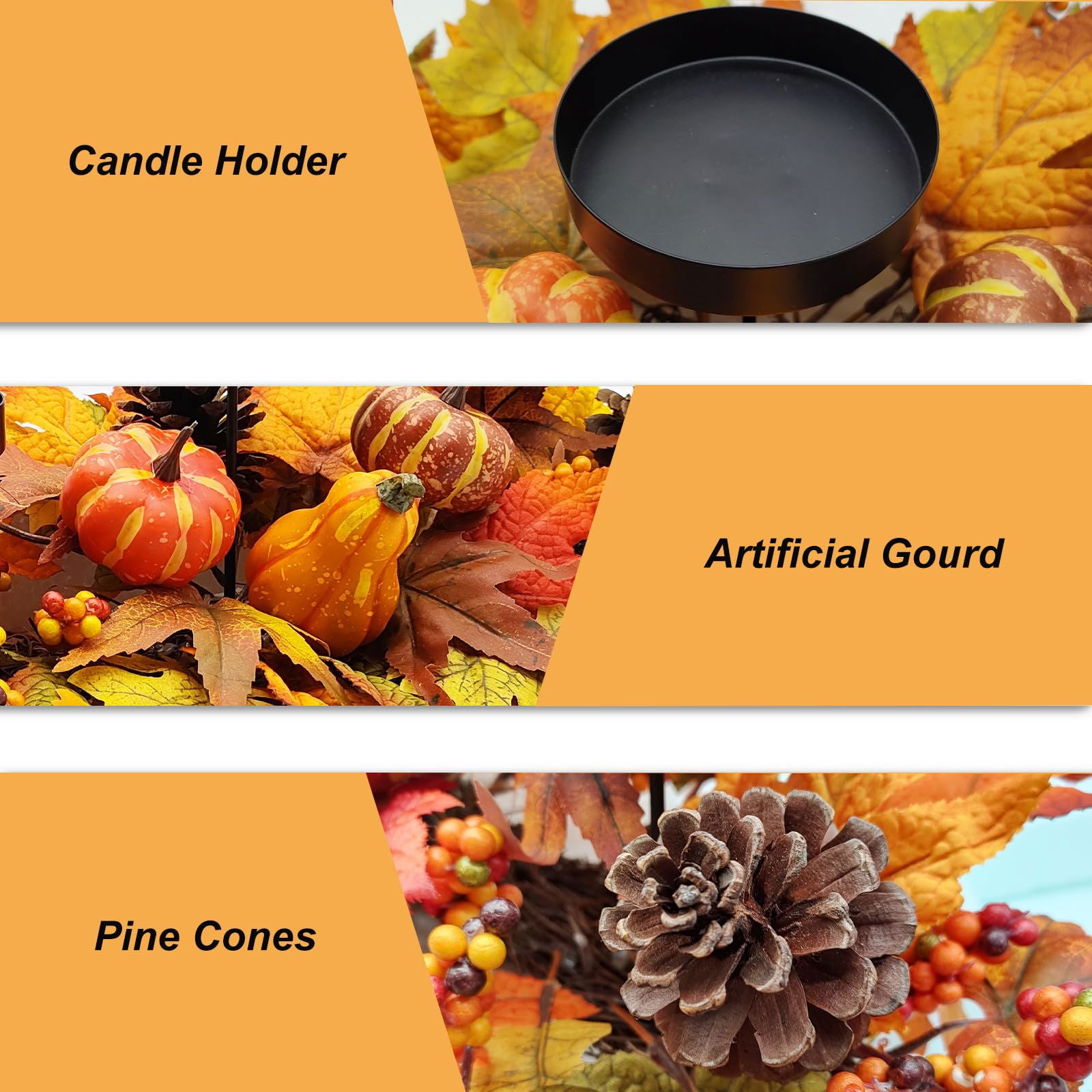 Fall Centerpiece Table Decorations, 27.5'' L Assorted Artificial Pumpkins, Pine Cones, Berries, and Autumn Leaves Harvest Table Candle Holder for Dinning Table, Fireplace Mantel (Candle Not Included) - DigiVirt