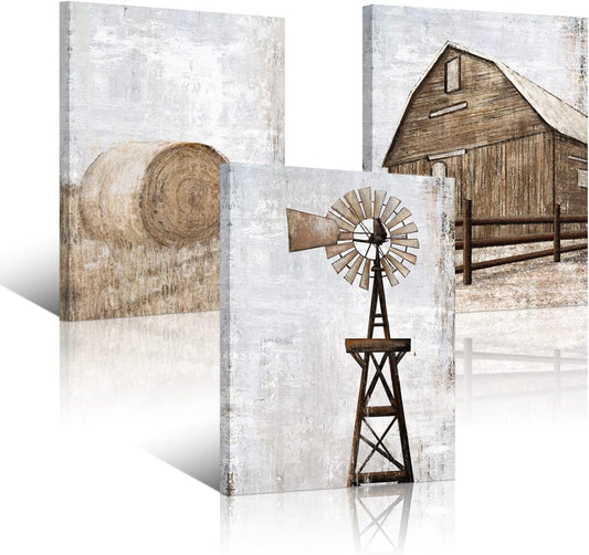 HOMEOART Farmhouse Wall Art Rustic Barn Windmill Cornfield Pictures Countryside Rural Landscape Painting Canvas Artwork Stretched and Framed Ready to Hang Home Decor 12"x16"x3 Pieces - DigiVirt
