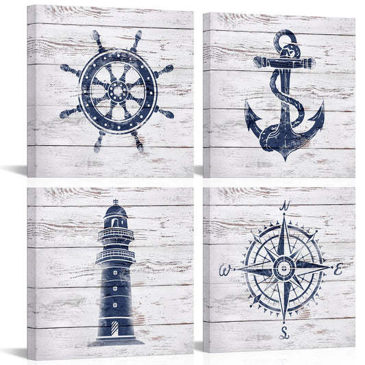 LoveHouse Nautical Canvas Wall Art Nautical Bathroom Decor Navy and White Lighthouse Decor Boat Anchor Compass Painting Pictures Prints - DigiVirt