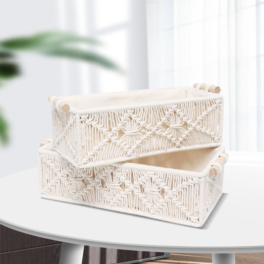 Macrame Storage Baskets Boho Decor Box Woven Decorative Countertop Toilet Tank Shelf Cabinet Organizer for Bedroom Livingroom Home, Cream Beige - DigiVirt