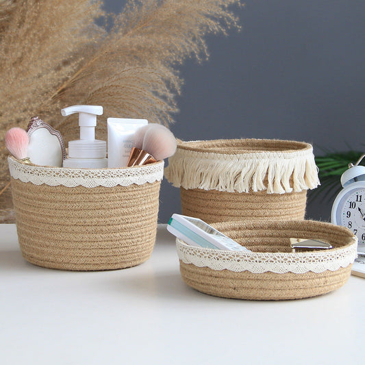 Makeup Perfume Holder Organizer Jute Lace Decorative Woven Rope Basket Boho Decor Cosmetics Desk Storage Baskets for Dresser Skin Care Lotions Essential Oils Dorm Room Essentials - DigiVirt