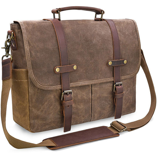 Mens Messenger Bag 15.6 Inch Waterproof Vintage Genuine Leather Waxed Canvas Briefcase Large Leather Computer Laptop Bag Rugged Satchel Shoulder Bag, Brown - DigiVirt