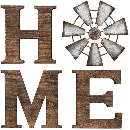 Mkono Farmhouse Wall Decor Wooden Home Sign with Metal Windmill for O Rustic Hanging Letters Decorative Art Signs Living Room Kitchen Bedroom Entryway House, Brown - DigiVirt