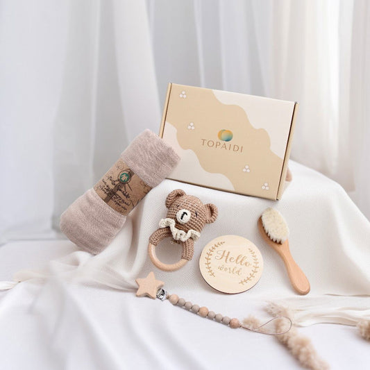 Muslin Swaddle Box Gift Box Baby Rattle Wood Gift Set For Newborn - DigiVirt