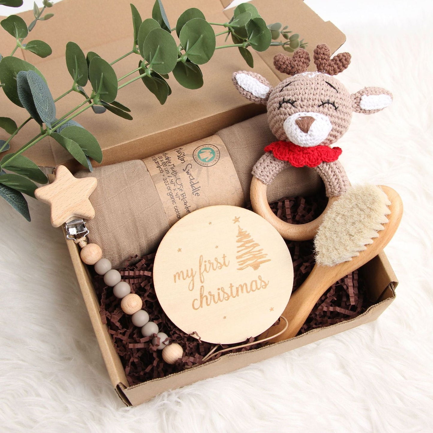Muslin Swaddle Box Gift Box Baby Rattle Wood Gift Set For Newborn - DigiVirt