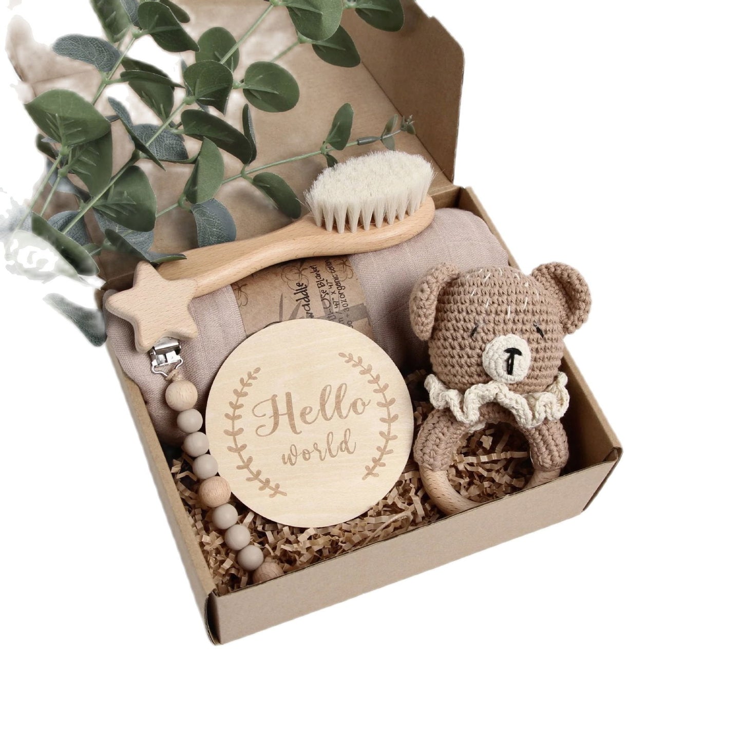 Muslin Swaddle Box Gift Box Baby Rattle Wood Gift Set For Newborn - DigiVirt