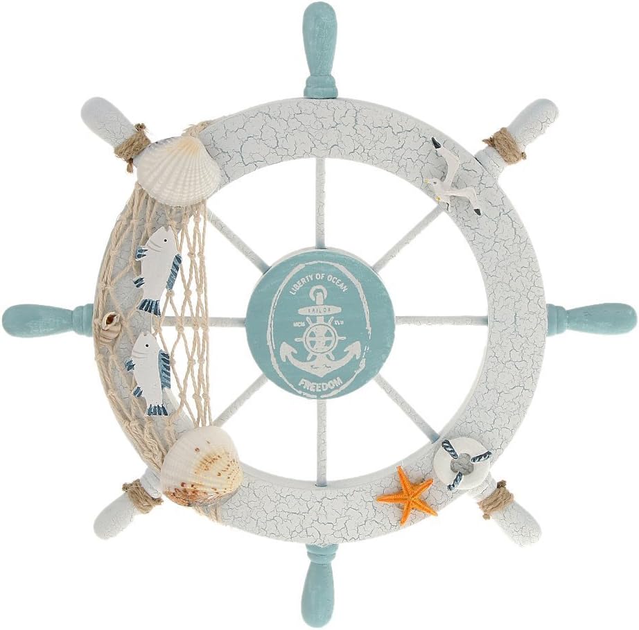 Nautical Beach Wooden Boat Ship Steering Wheel Fishing Net Shell Home Wall Decor White - Fish - DigiVirt