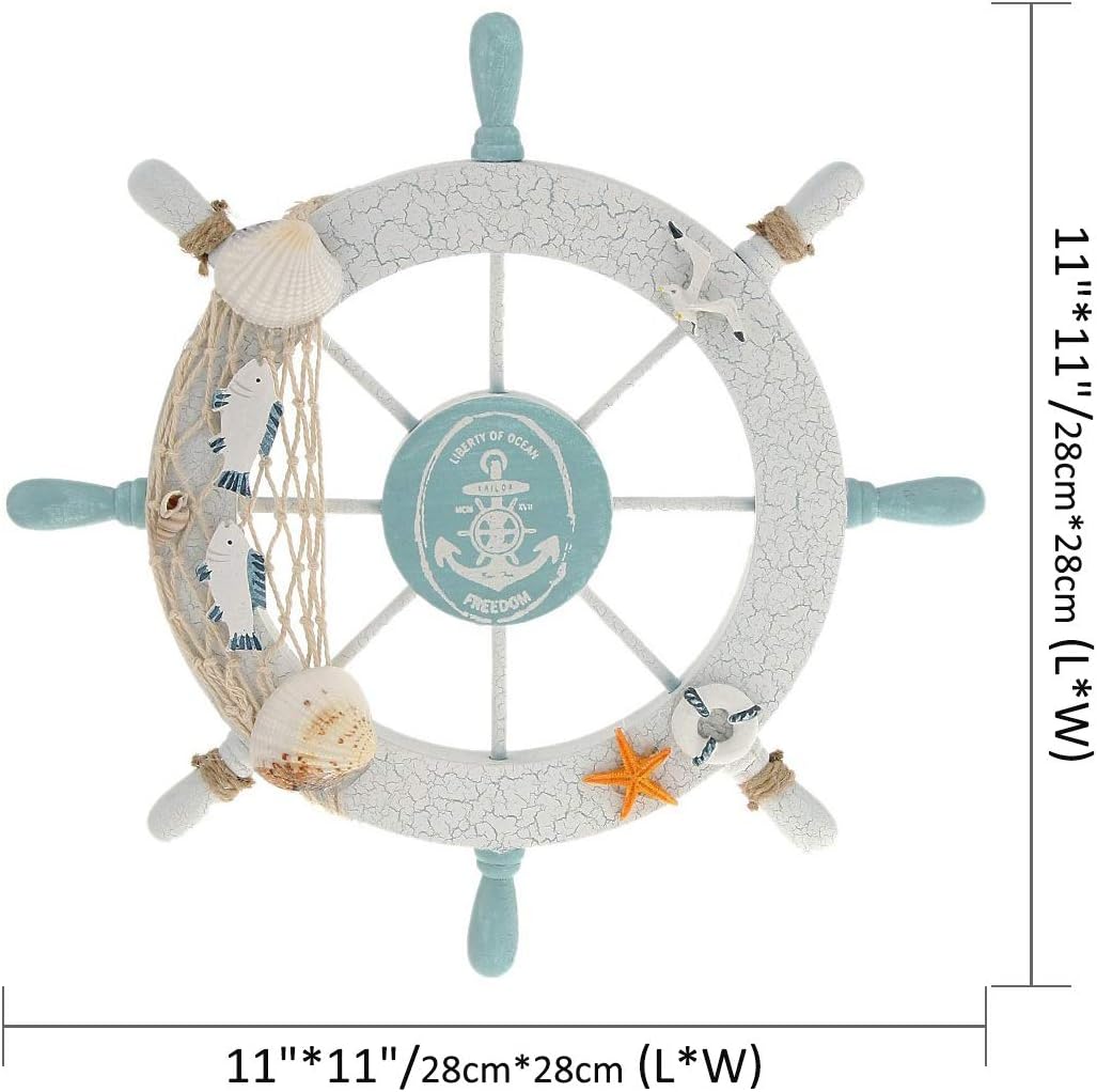 Nautical Beach Wooden Boat Ship Steering Wheel Fishing Net Shell Home Wall Decor White - Fish - DigiVirt
