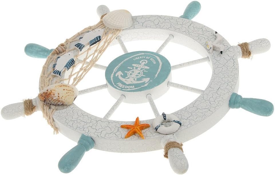 Nautical Beach Wooden Boat Ship Steering Wheel Fishing Net Shell Home Wall Decor White - Fish - DigiVirt