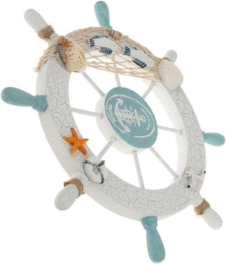 Nautical Beach Wooden Boat Ship Steering Wheel Fishing Net Shell Home Wall Decor White - Fish - DigiVirt
