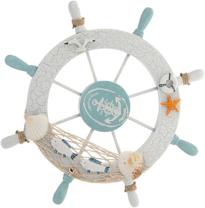 Nautical Beach Wooden Boat Ship Steering Wheel Fishing Net Shell Home Wall Decor White - Fish - DigiVirt