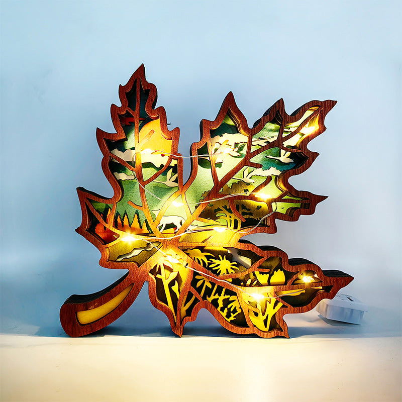 New Wooden Harvest Festival Crafts Wooden Carving Maple Leaf Lighting Ornaments Thanksgiving Home Desktop Decorations - DigiVirt