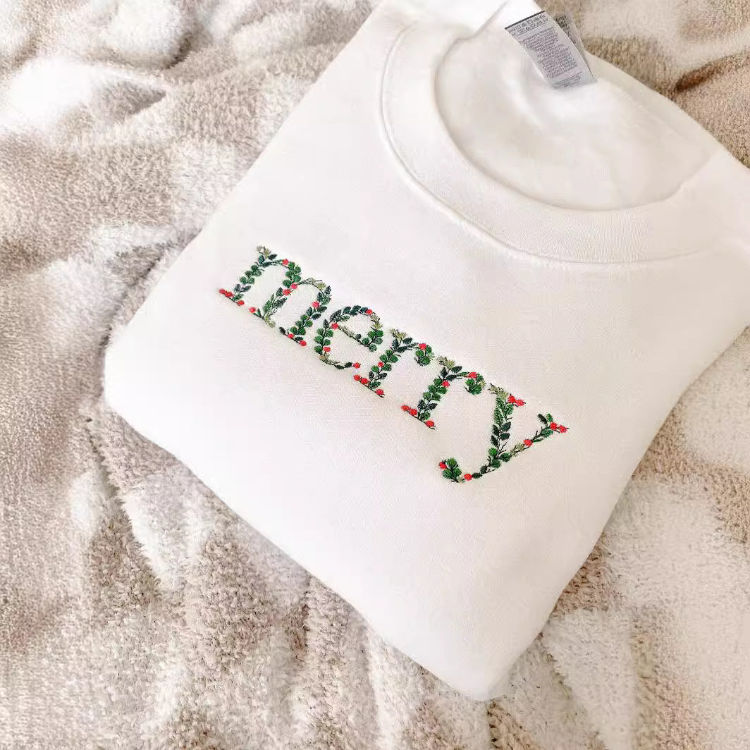 Embroidery Flower Merry Sweatshirt Round Neck Embroidered Sweater Christmas One Embroidered Custom