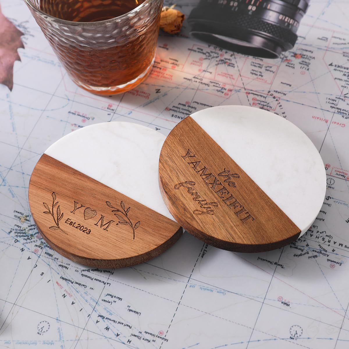 Carved Marble Wooden Coaster Wooden Coaster Personalized Housewarming Gift | Wedding Bride Gift Custom