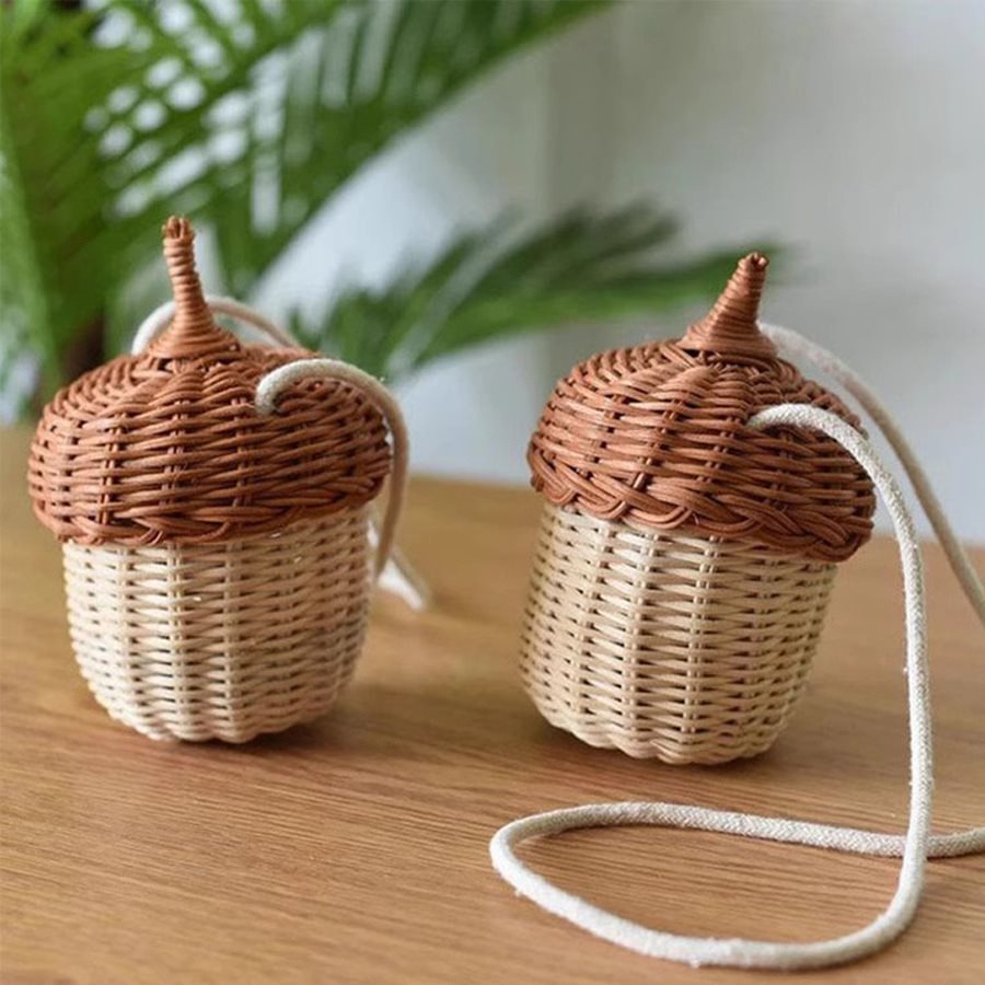 Ins Style Acorn Handbag Handmade Rattan Mushroom Storage Box Children's Decorative Storage Basket Photography Props