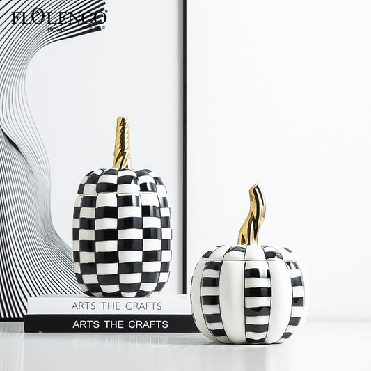 Modern Light Luxury Hand-painted Ceramic Black And White Grid Pumpkin Decorative Jar Model Room Decoration Living Room Wine Cabinet Creative Crafts