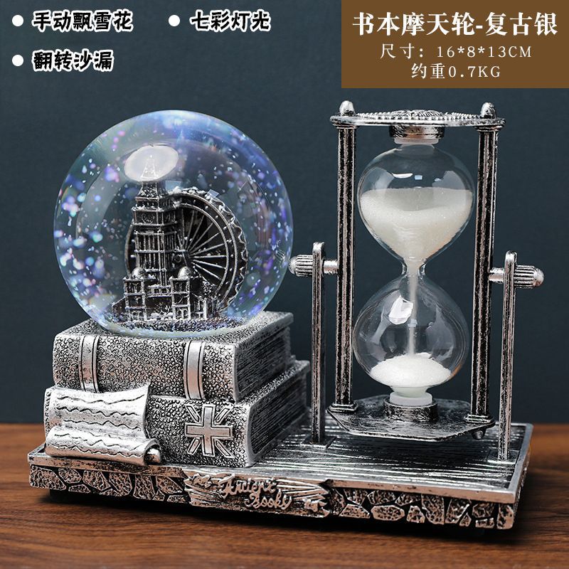 Retro Tower Hourglass Timer Crystal Ball Music Box Luminous Desktop Decoration Student Graduation Christmas Gift