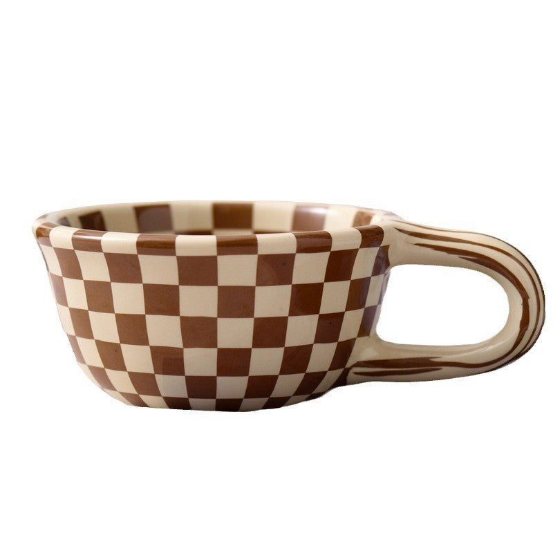 Personalized Retro Niche Irregular Coffee Cup Checkerboard Cup Office High Color Value Ceramic Cup Creative