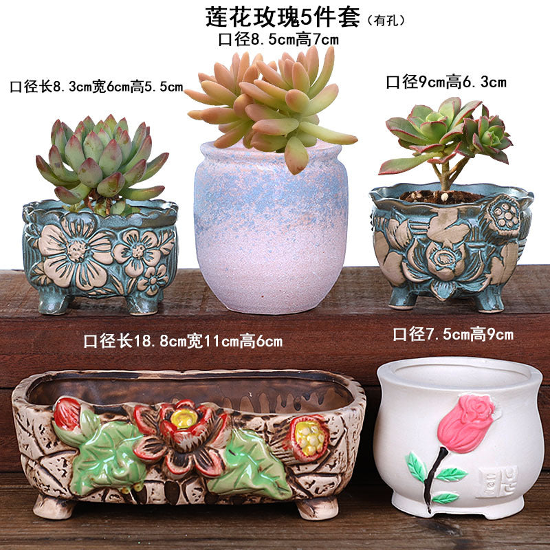 Creative Fleshy Flowerpot Ceramic Personality Purple Sand Size Fleshy Pot Pastoral Stoneware Flower Plant Flowerpot Clearance