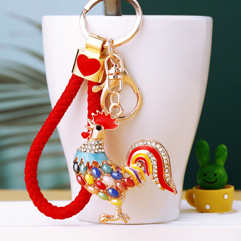 Diamond-encrusted Zodiac Cock Car Keychain Women's Creative Bag Pendant Metal Key Chain Ring