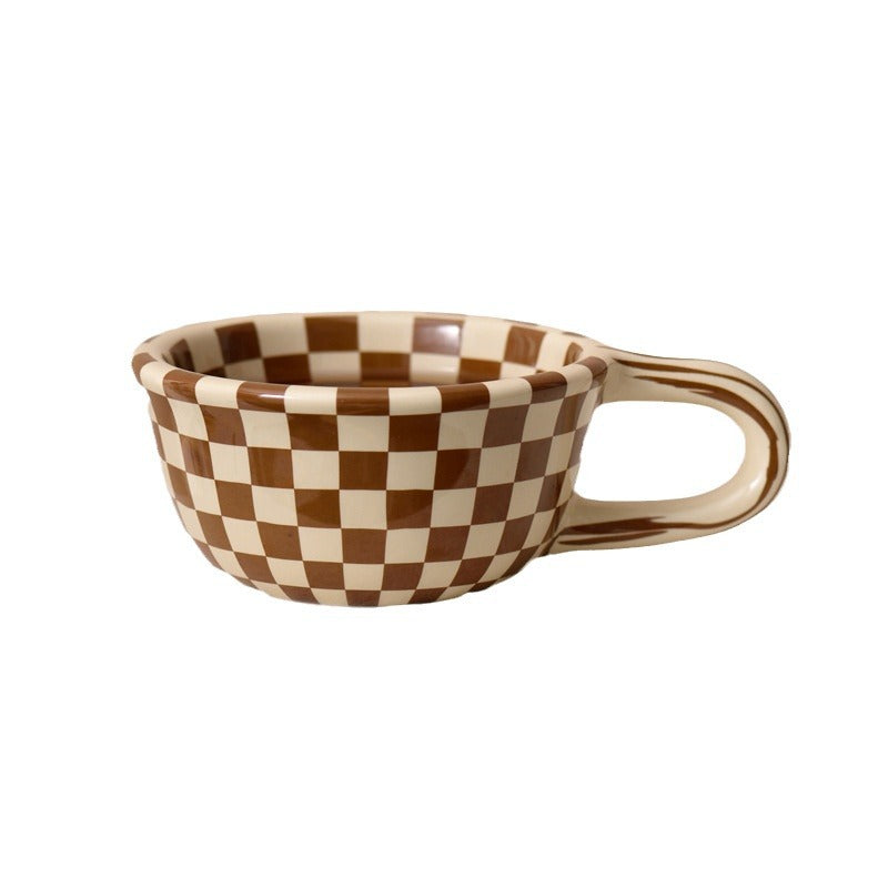 Personalized Retro Niche Irregular Coffee Cup Checkerboard Cup Office High Color Value Ceramic Cup Creative