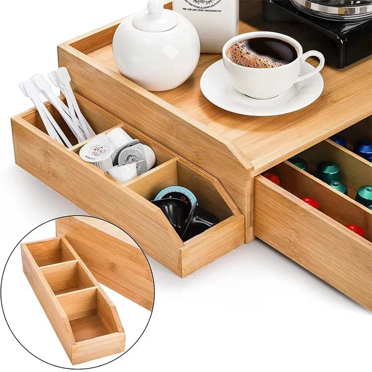 Bamboo Storage Box With Drawer Household Coffee Tea Bag Organizer Solid Wood Office Tea Room Storage Box