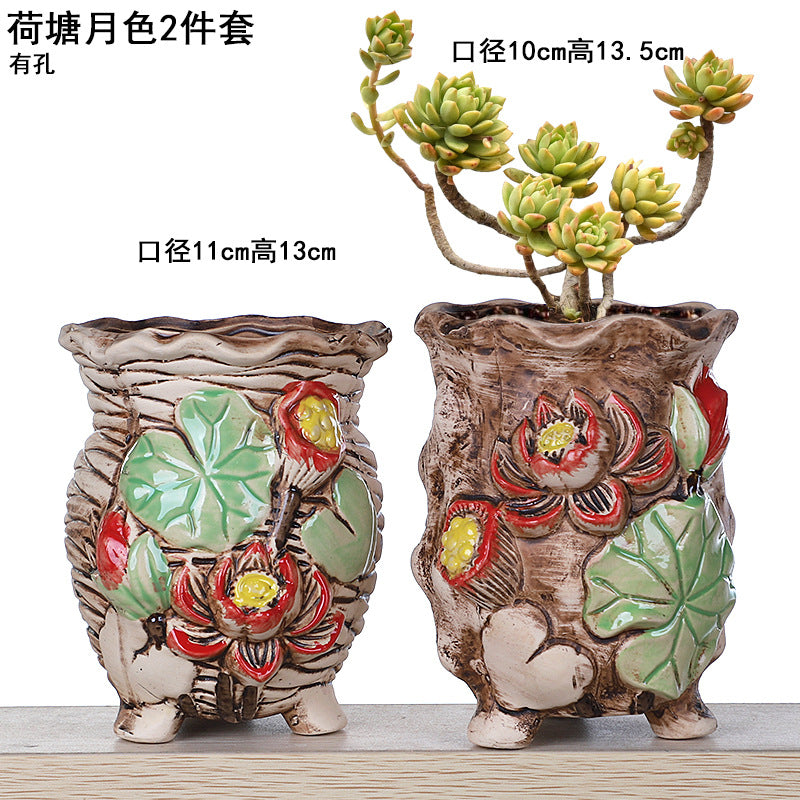 Creative Fleshy Flowerpot Ceramic Personality Purple Sand Size Fleshy Pot Pastoral Stoneware Flower Plant Flowerpot Clearance