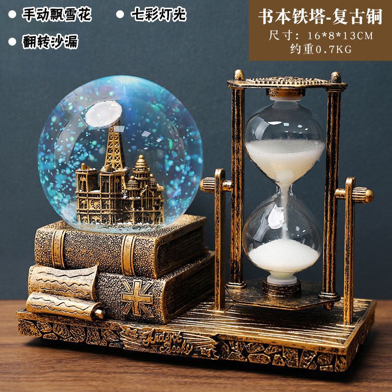 Retro Tower Hourglass Timer Crystal Ball Music Box Luminous Desktop Decoration Student Graduation Christmas Gift