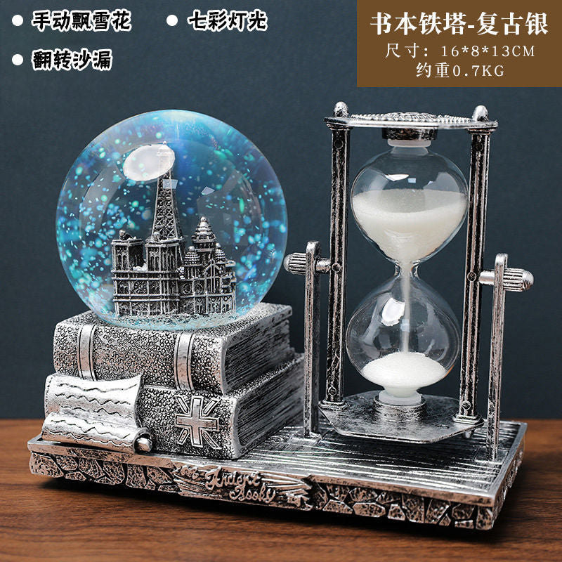 Retro Tower Hourglass Timer Crystal Ball Music Box Luminous Desktop Decoration Student Graduation Christmas Gift