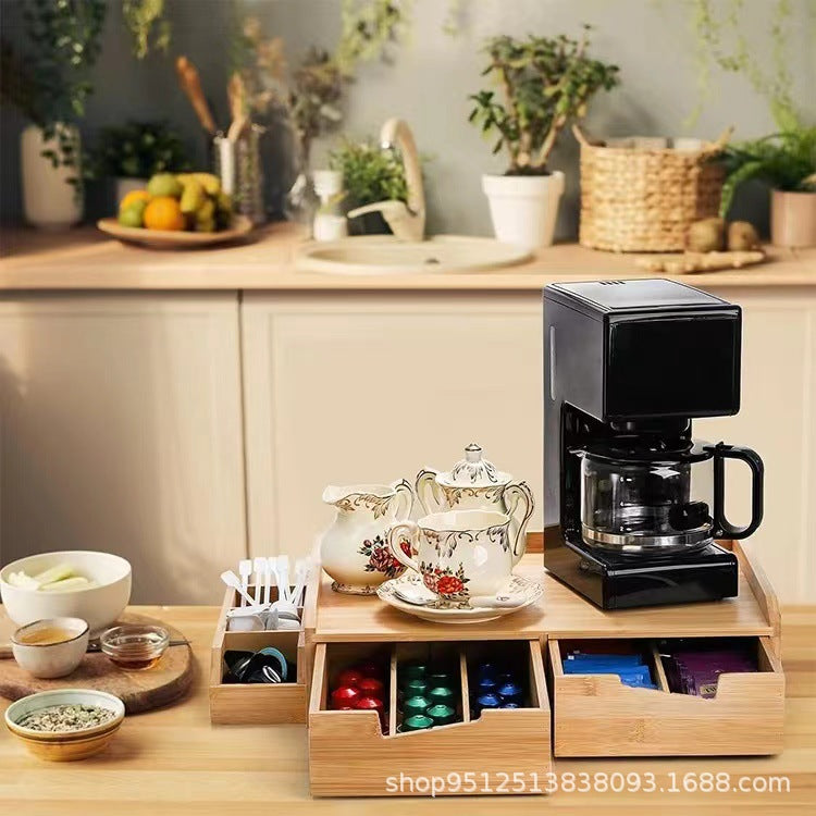 Bamboo Storage Box With Drawer Household Coffee Tea Bag Organizer Solid Wood Office Tea Room Storage Box