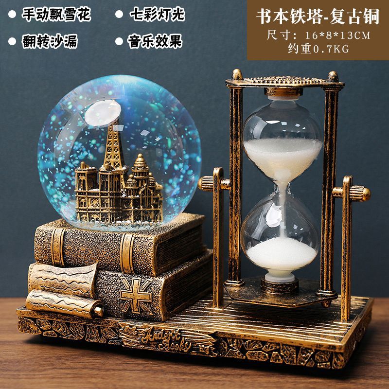 Retro Tower Hourglass Timer Crystal Ball Music Box Luminous Desktop Decoration Student Graduation Christmas Gift