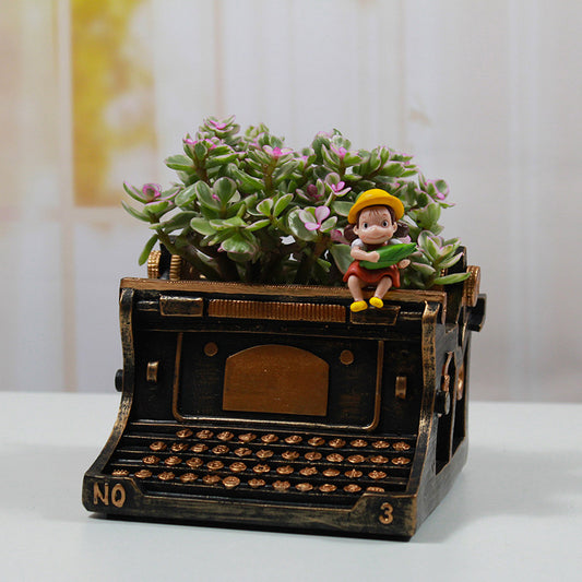 Nostalgic Retro Typewriter Flowerpot Crafts Courtyard Roof Decorative Flower Groove Beverage Shop Bar Counter Resin Ornaments