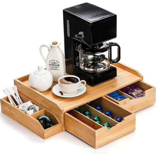 Bamboo Storage Box With Drawer Household Coffee Tea Bag Organizer Solid Wood Office Tea Room Storage Box