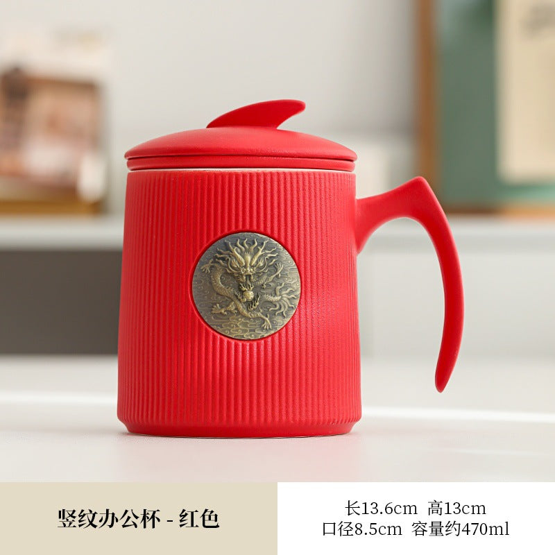 Gradient Ceramic Tea Cup Tea Separation Year Of The Dragon Water Cup With Lid Large Capacity Office Cup Gift Box Suit