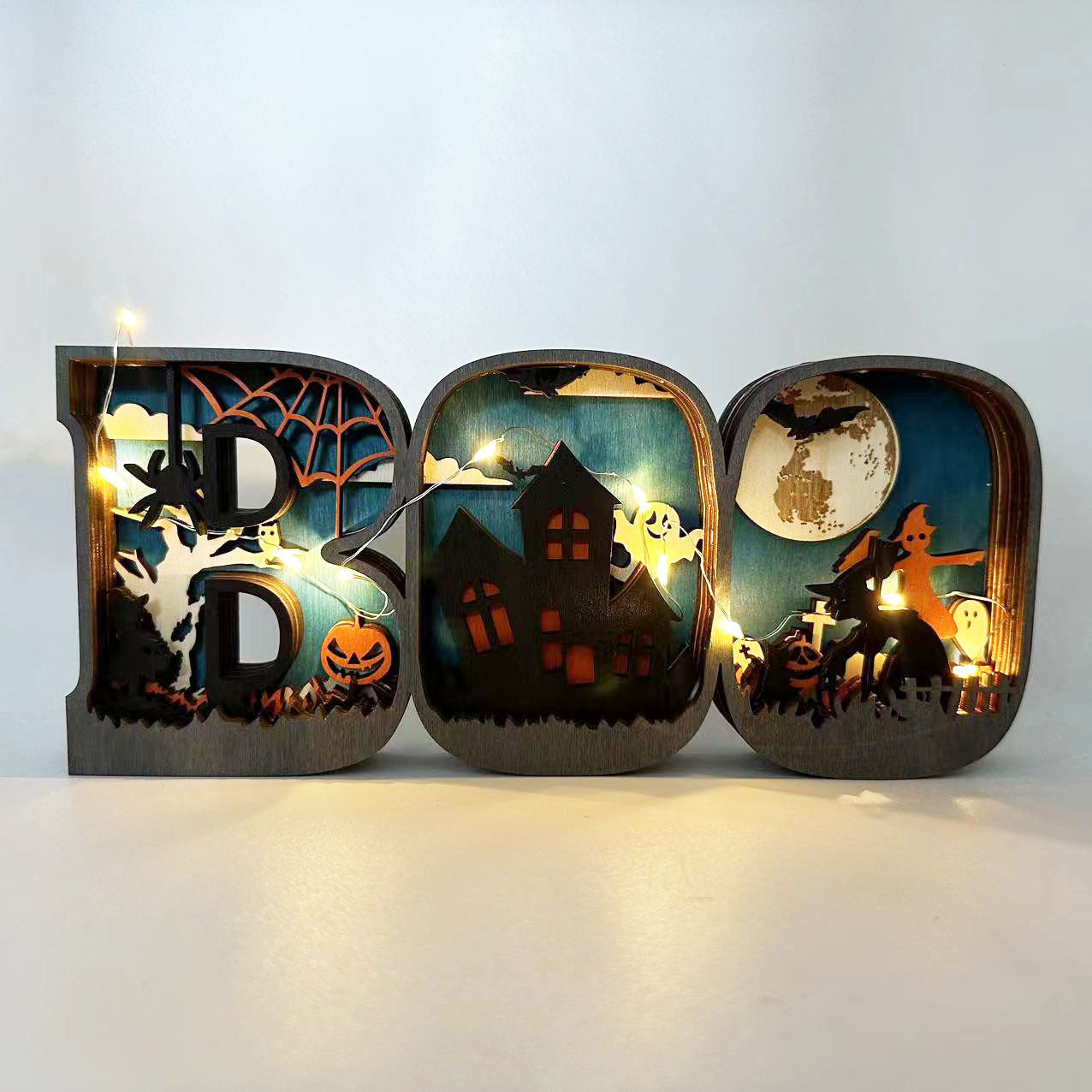 Halloween Wooden Crafts Creative Design BOO Letter Lighting Festival Wooden Decorative Ornaments