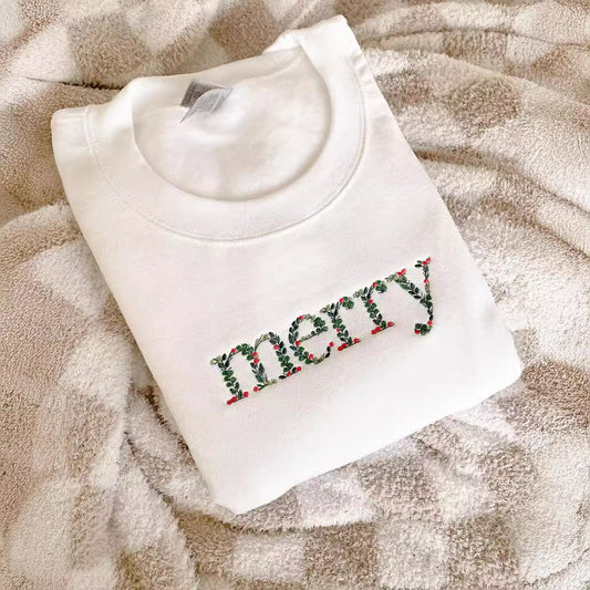 Embroidery Flower Merry Sweatshirt Round Neck Embroidered Sweater Christmas One Embroidered Custom