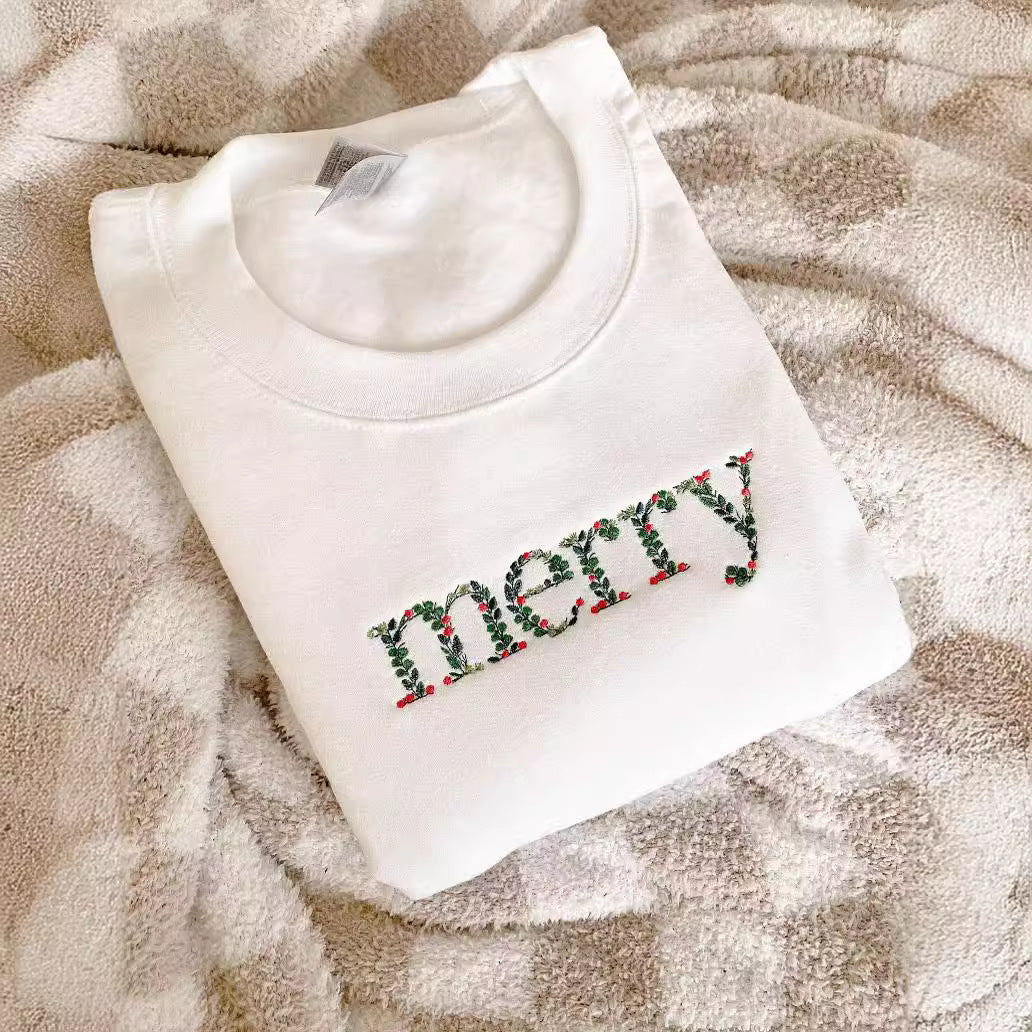 Embroidery Flower Merry Sweatshirt Round Neck Embroidered Sweater Christmas One Embroidered Custom