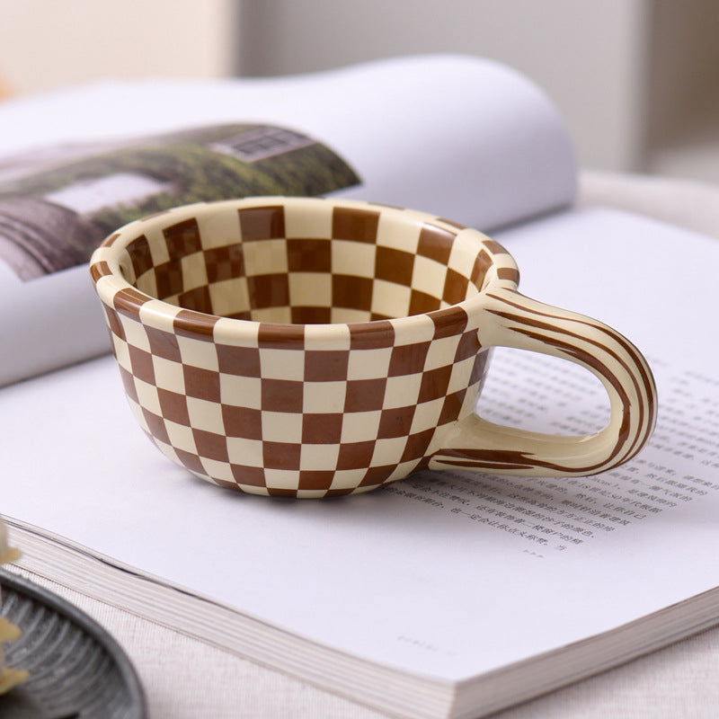 Personalized Retro Niche Irregular Coffee Cup Checkerboard Cup Office High Color Value Ceramic Cup Creative