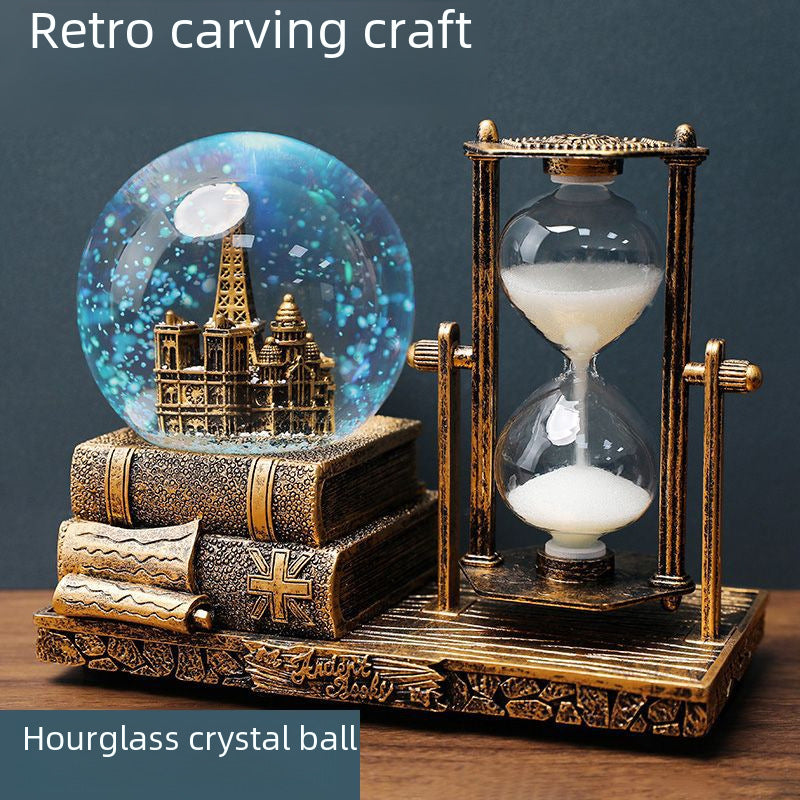 Retro Tower Hourglass Timer Crystal Ball Music Box Luminous Desktop Decoration Student Graduation Christmas Gift