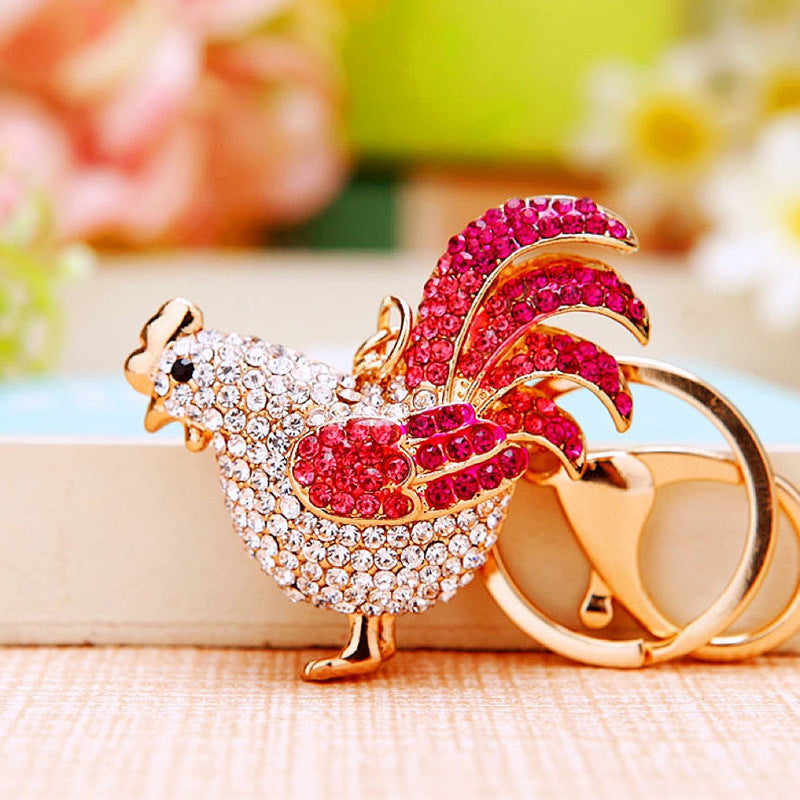 Diamond-encrusted Zodiac Cock Car Keychain Women's Creative Bag Pendant Metal Key Chain Ring