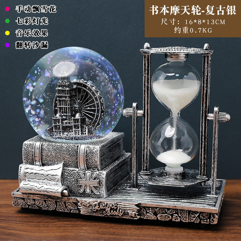 Retro Tower Hourglass Timer Crystal Ball Music Box Luminous Desktop Decoration Student Graduation Christmas Gift