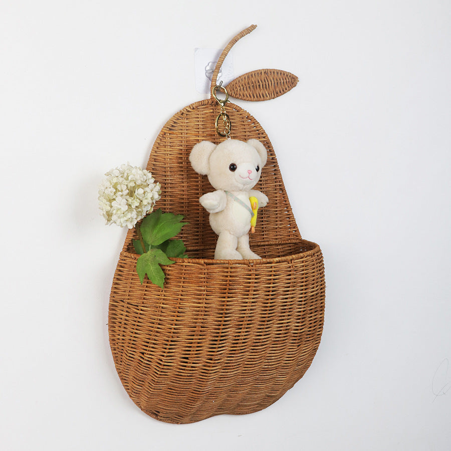 INS Handmade Natural Rattan Wall Hanging Apple Fruit Shape Storage Basket Apple Pear Storage Basket Wall Storage