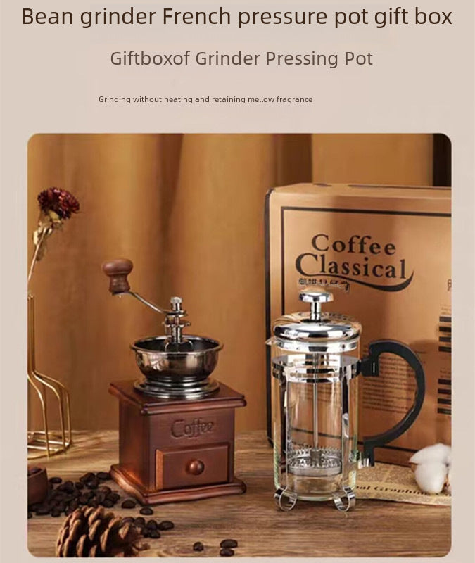 Bean Grinder French Press Set Coffee Appliance Gift Box Activity Gift Giving Vintage Hand-cranked Coffee Machine Coffee Pot Combination