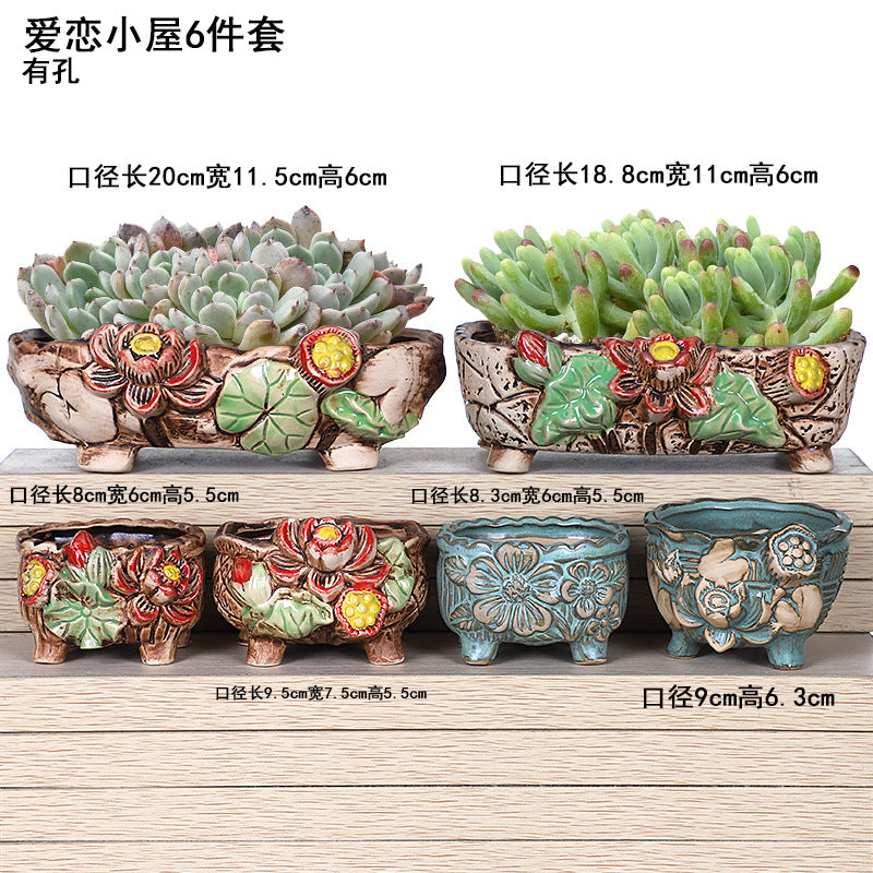 Creative Fleshy Flowerpot Ceramic Personality Purple Sand Size Fleshy Pot Pastoral Stoneware Flower Plant Flowerpot Clearance