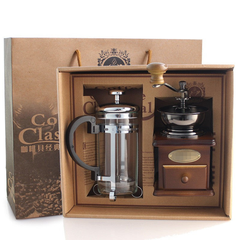 Bean Grinder French Press Set Coffee Appliance Gift Box Activity Gift Giving Vintage Hand-cranked Coffee Machine Coffee Pot Combination