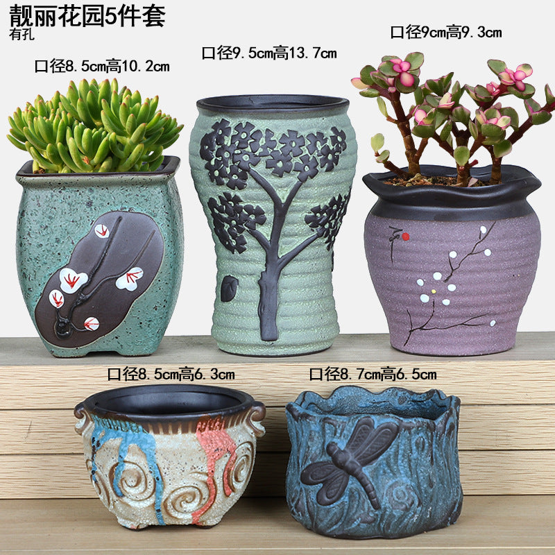 Creative Fleshy Flowerpot Ceramic Personality Purple Sand Size Fleshy Pot Pastoral Stoneware Flower Plant Flowerpot Clearance