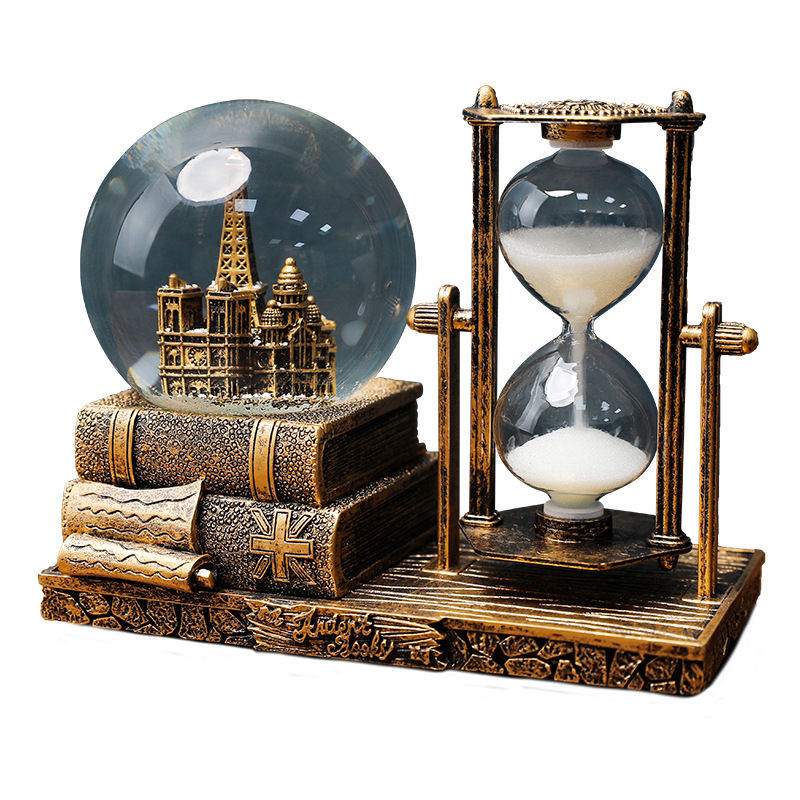 Retro Tower Hourglass Timer Crystal Ball Music Box Luminous Desktop Decoration Student Graduation Christmas Gift