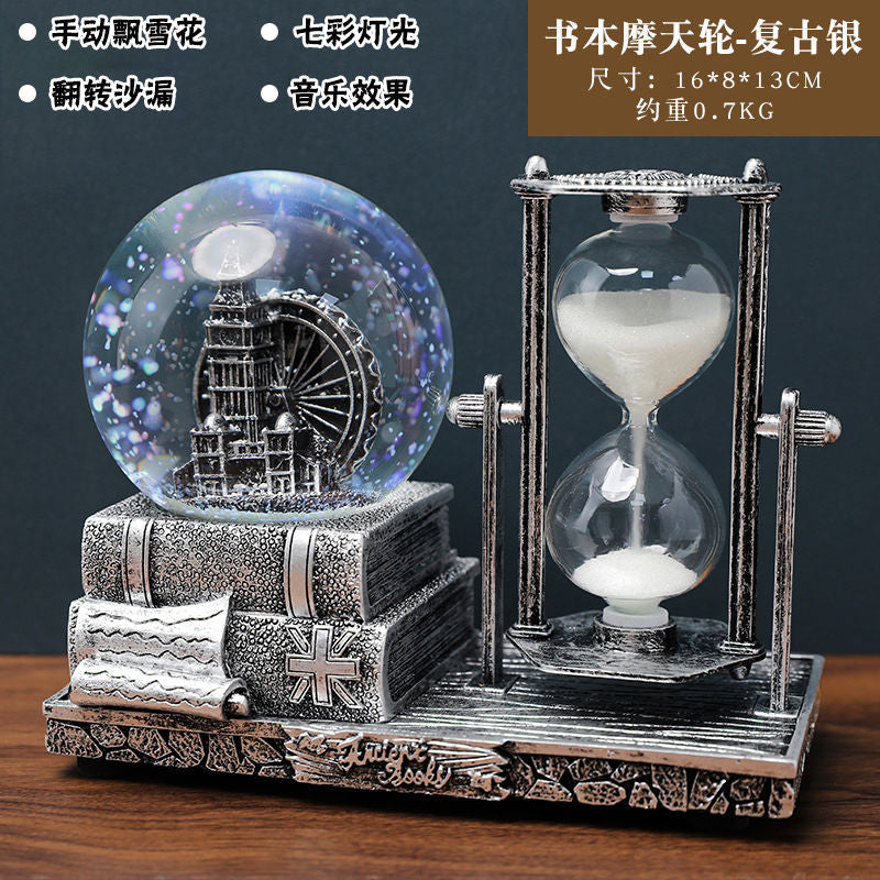 Retro Tower Hourglass Timer Crystal Ball Music Box Luminous Desktop Decoration Student Graduation Christmas Gift