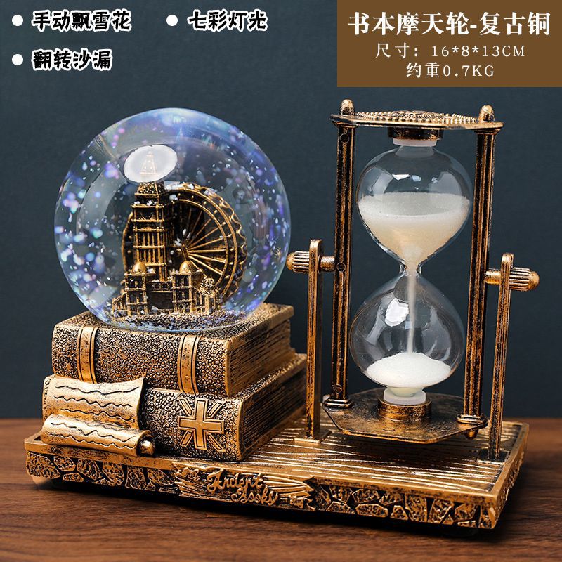 Retro Tower Hourglass Timer Crystal Ball Music Box Luminous Desktop Decoration Student Graduation Christmas Gift